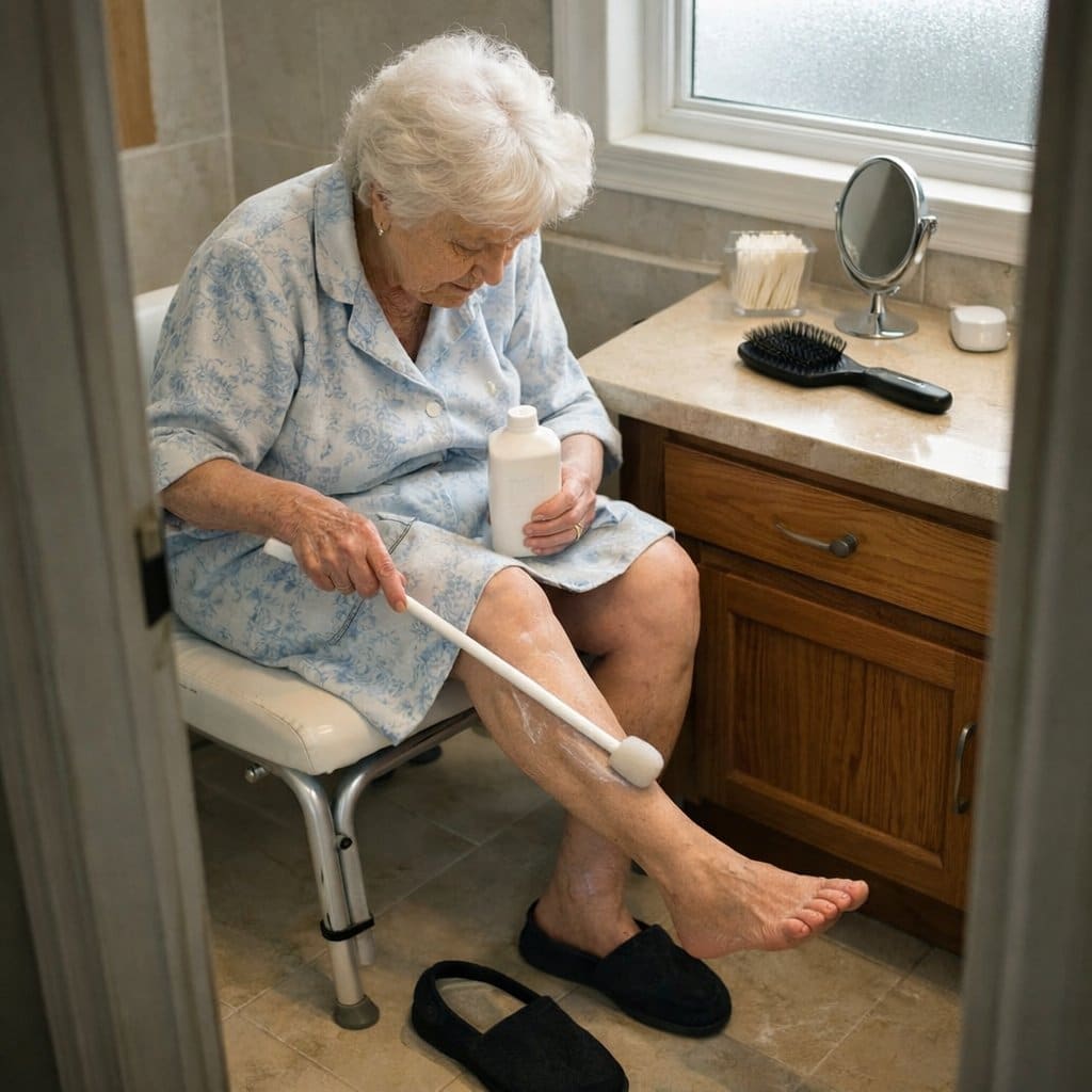 An older woman with white hair seated on a shower chair using a long-handled lotion applicator on her lower leg, with a vanity visible beside her