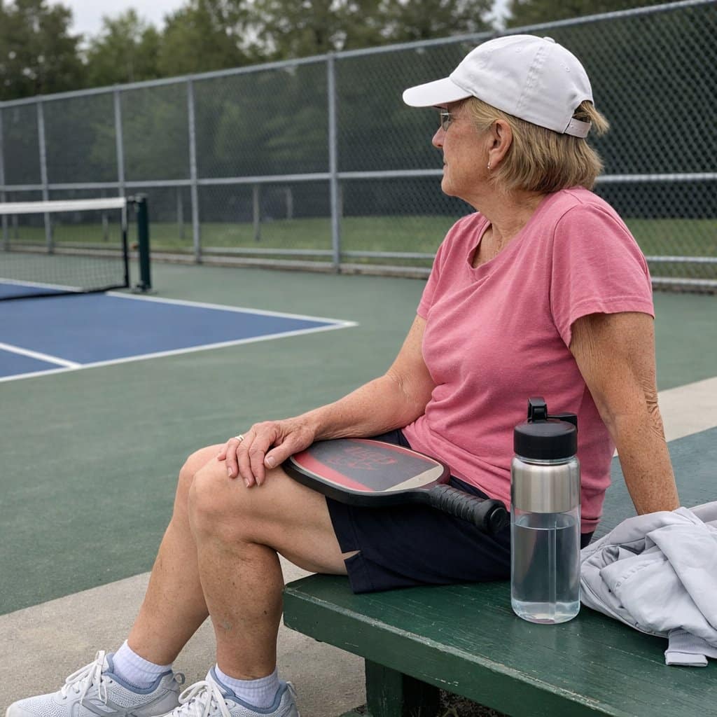 An older woman sitting on a sideline bench at a pickleball court with a paddle on her lap and one hand resting on her knee, looking out toward the empty court
