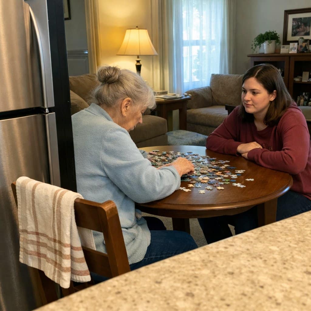 An older woman pushes puzzle pieces around a small table while a young adult family member sits across from her watching