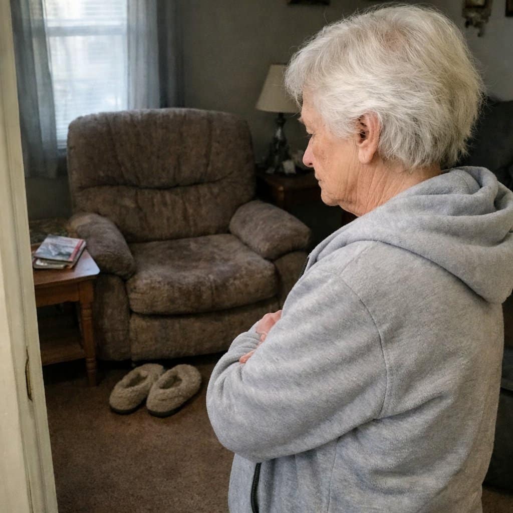An older woman with white hair stands in a living room with her arms crossed, looking at the seat of an upholstered armchair with a still, uncertain expression, not moving toward it