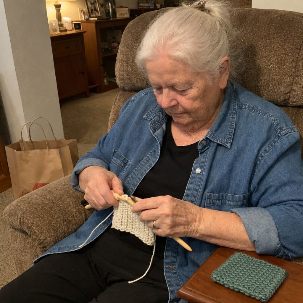 An older woman with white hair sits in an armchair knitting with thick-handled needles, looking down at her work, a finished knitted square visible on the side table