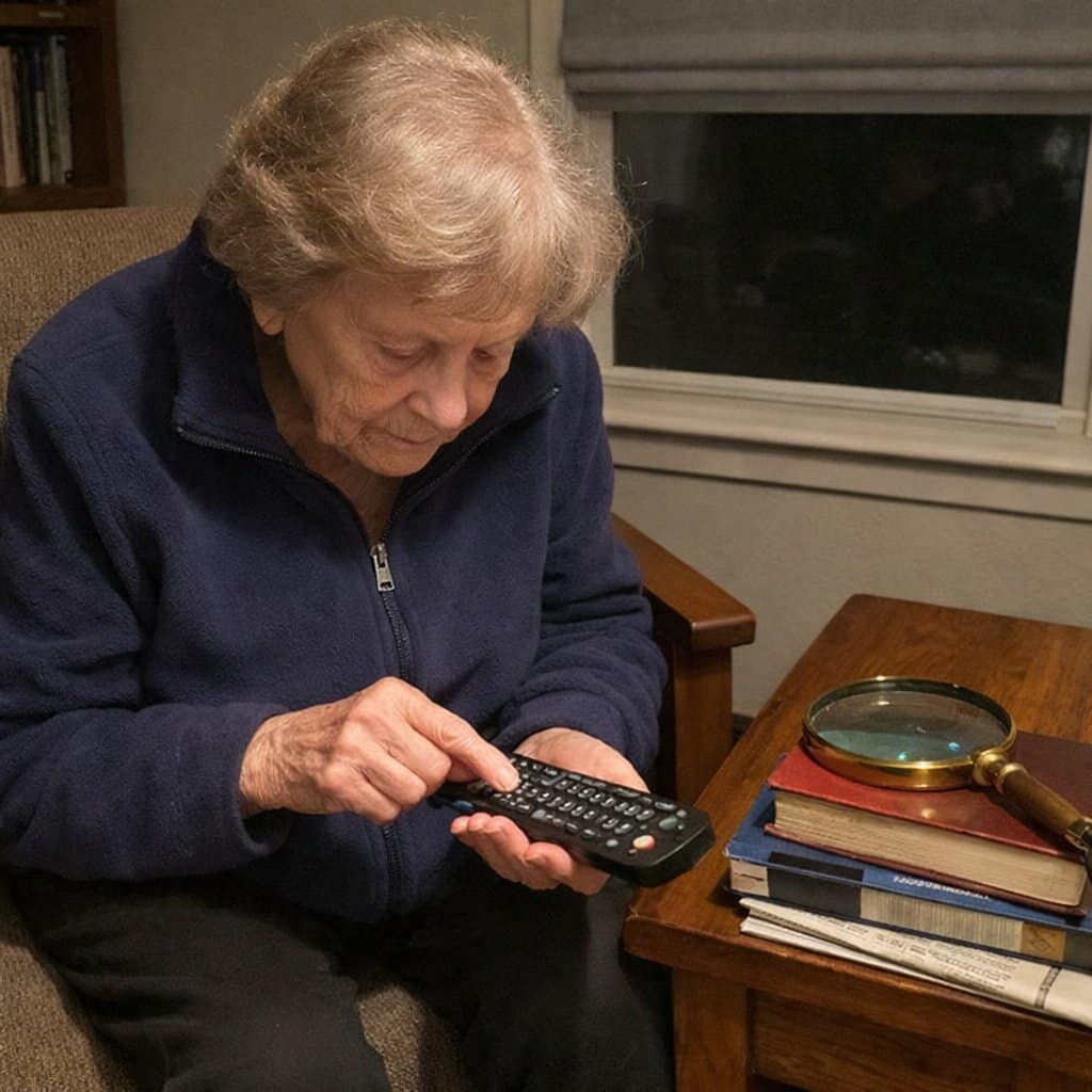An older woman in a fleece jacket tracing her finger across the buttons of a TV remote held flat in her palm, a magnifying glass sitting unused on the end table beside her, library books and a newspaper stacked underneath