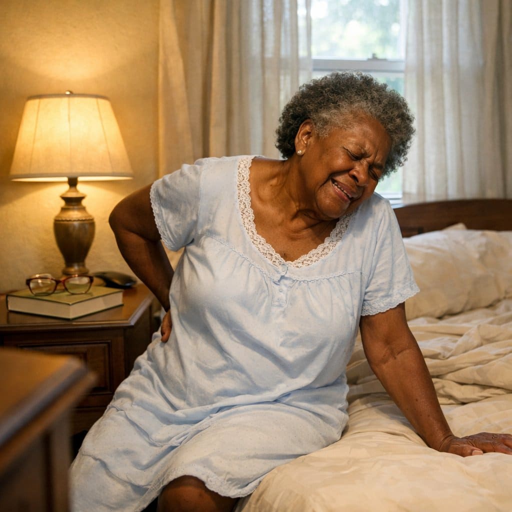 An older woman seated on the edge of a bed with her arm bent behind her back, struggling to reach her lower back to apply lotion