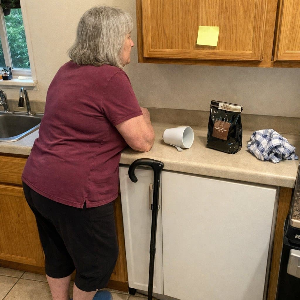 An older woman with a cane hooked on a cabinet door leaning against a kitchen counter, looking out the window, an unwashed tipped mug and an unopened bag of coffee grounds in front of her, a sticky note on the cabinet above