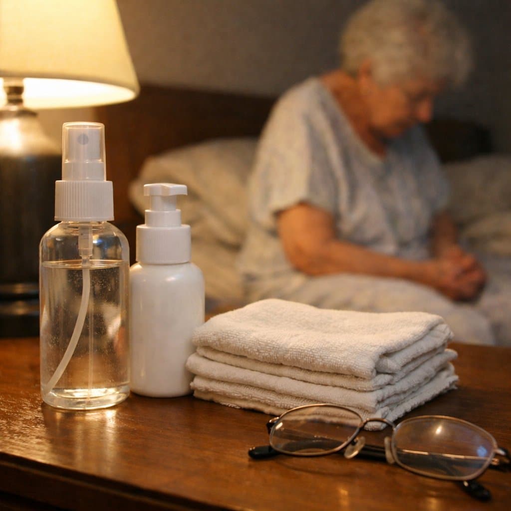 A fine-mist spray bottle and soft cloths sit on a nightstand within reach of an elderly woman seated at the edge of her bed in a nightgown, head bowed