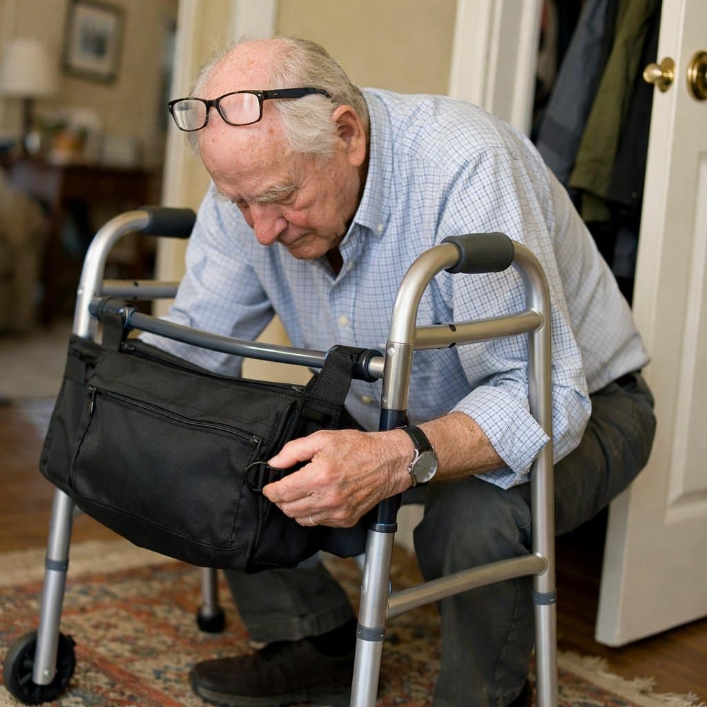 An older man crouches beside his standard walker in a hallway, re-tightening a mounting strap on a front-attached bag
