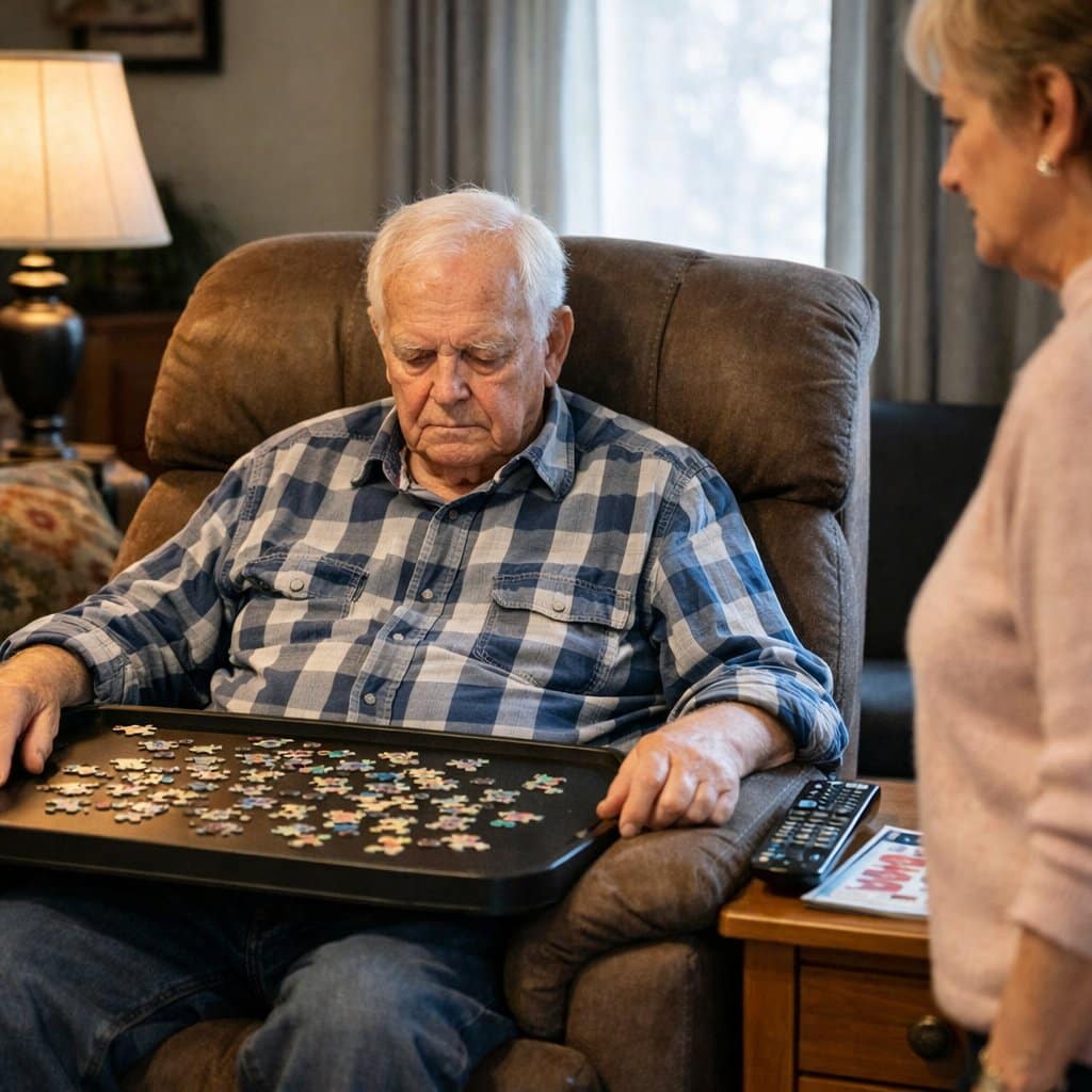 An older man sitting in a recliner with a lap tray of untouched puzzle pieces, hands resting idle on the chair arms, a woman standing at the edge of the frame watching him
