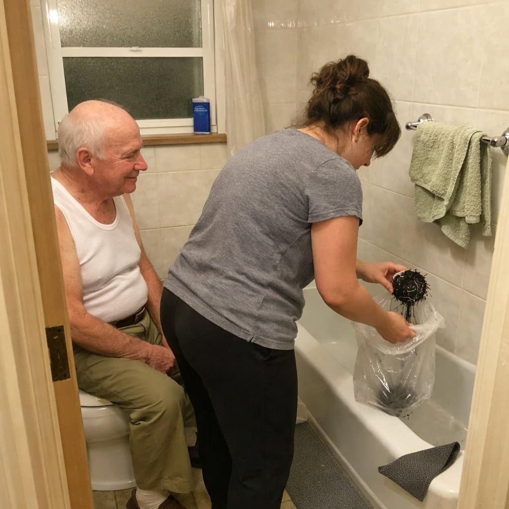An older man seated on a closed toilet lid watching a younger woman clean out a tub drain hair catcher over a plastic bag