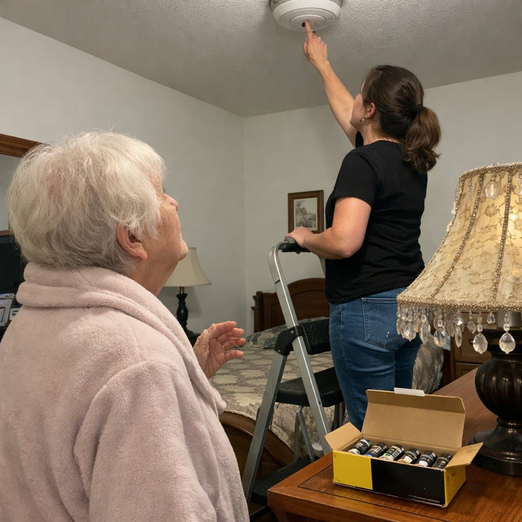 A younger woman standing on a step stool pressing the test button on a smoke detector while an older woman stands below looking up
