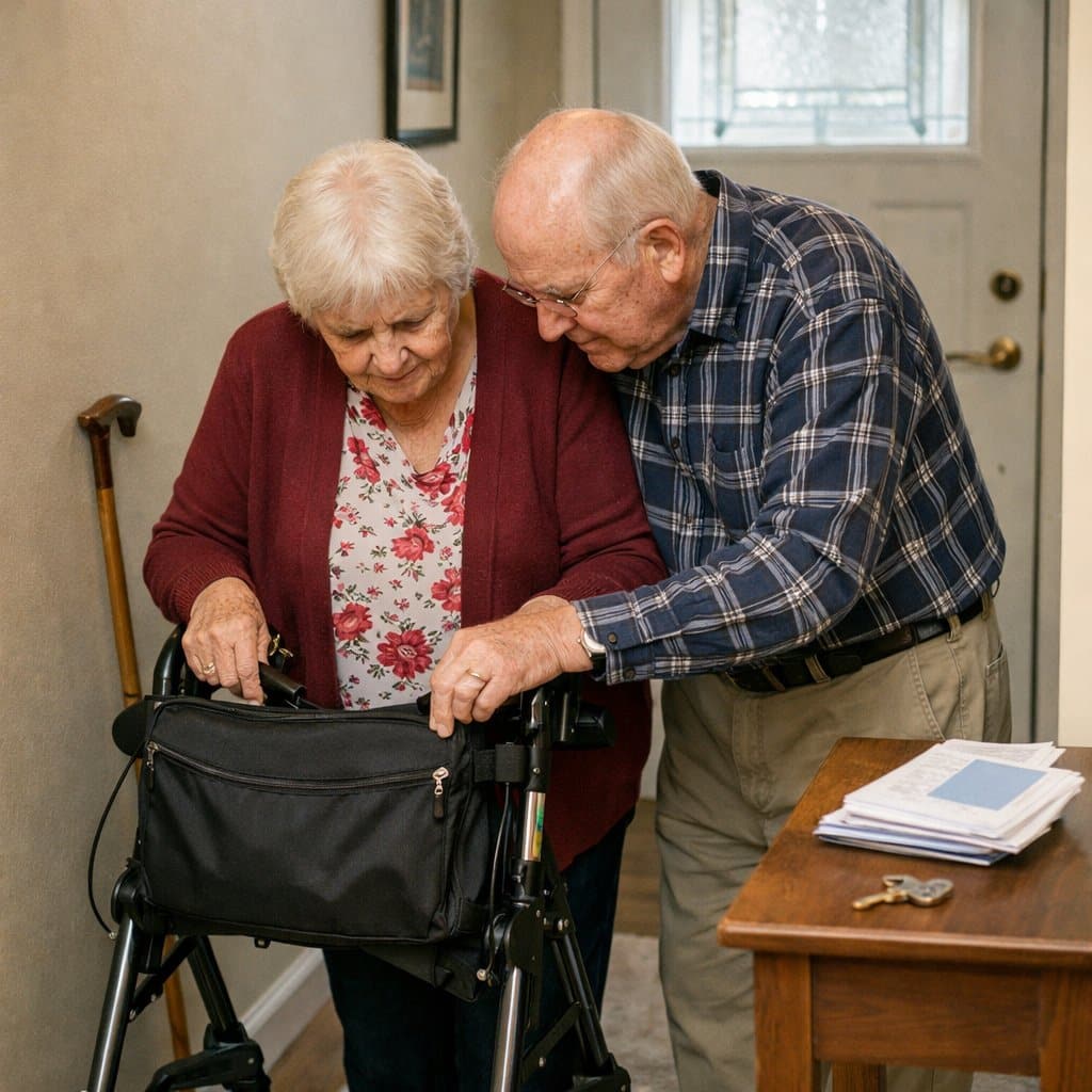 An older couple stands near the front door inspecting a bag mounted on the front of a rollator, a mail table with a key visible nearby