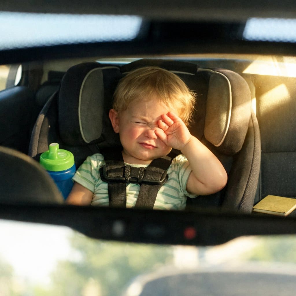 A young child in a car seat squinting from direct sun glare coming through a bare rear passenger window, sippy cup wedged nearby
