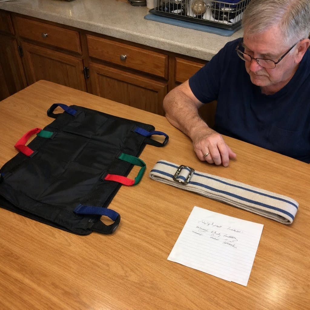 A transfer sling and gait belt laid out on a kitchen table with an older man examining them, kitchen counter visible in the background