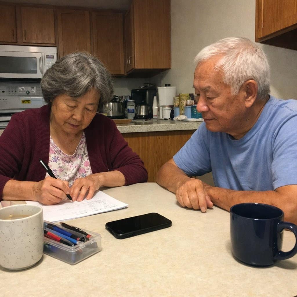 An older couple sits across from each other at a kitchen table, one writing on a piece of paper while the other looks on, with mugs and a phone on the table between them