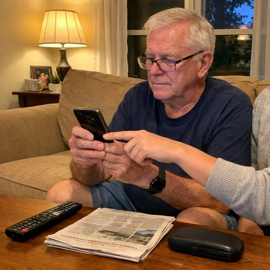 An older man wearing reading glasses holds a smartphone in front of him on a couch while a younger adult beside him points at the screen, helping him navigate it