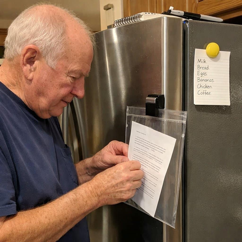 An older man slides a printed sheet into a clear plastic sleeve held by a magnet clip on the exterior of a refrigerator door, looking down at his hands