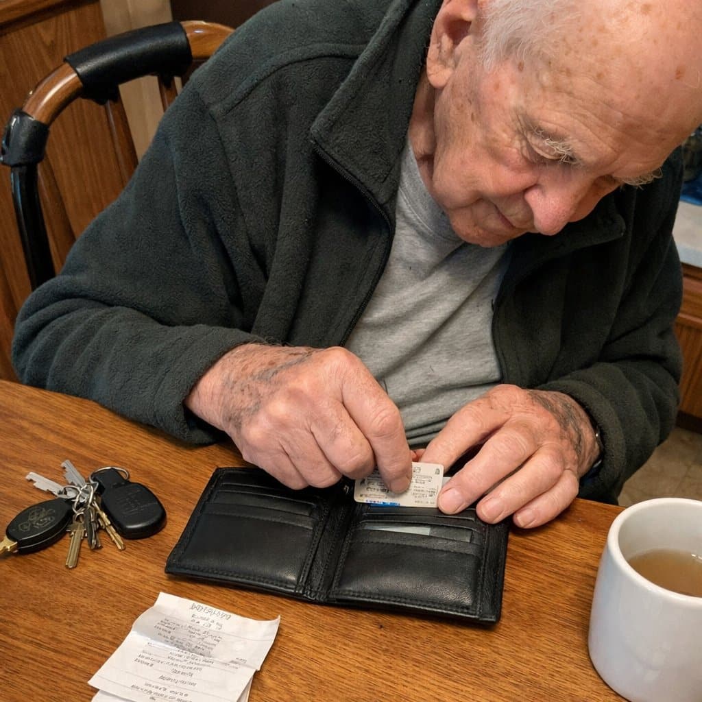 An older man sits at a kitchen table tucking a small worn card into a slot in his open wallet, looking down at his hands, with a cane hooked over the back of a nearby chair