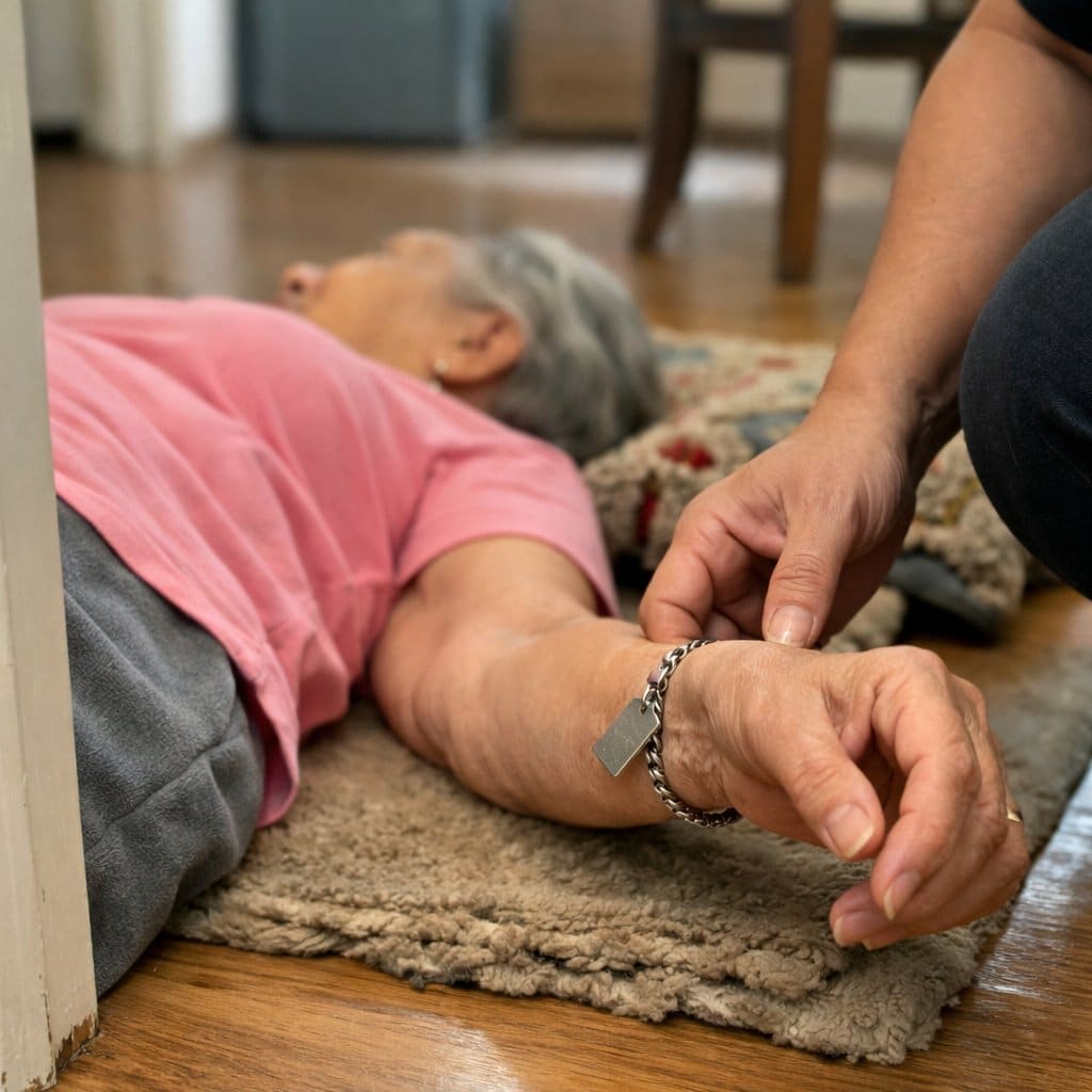An older woman lies on the floor of a home while a partially visible person crouches beside her and reaches toward her wrist where a medical alert bracelet hangs loosely