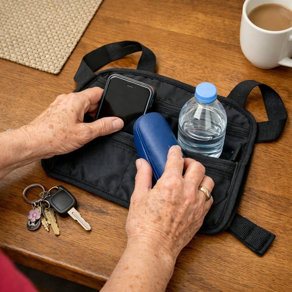 An older woman's hands arrange a phone, glasses case, and water bottle into a walker bag laid flat on a kitchen table