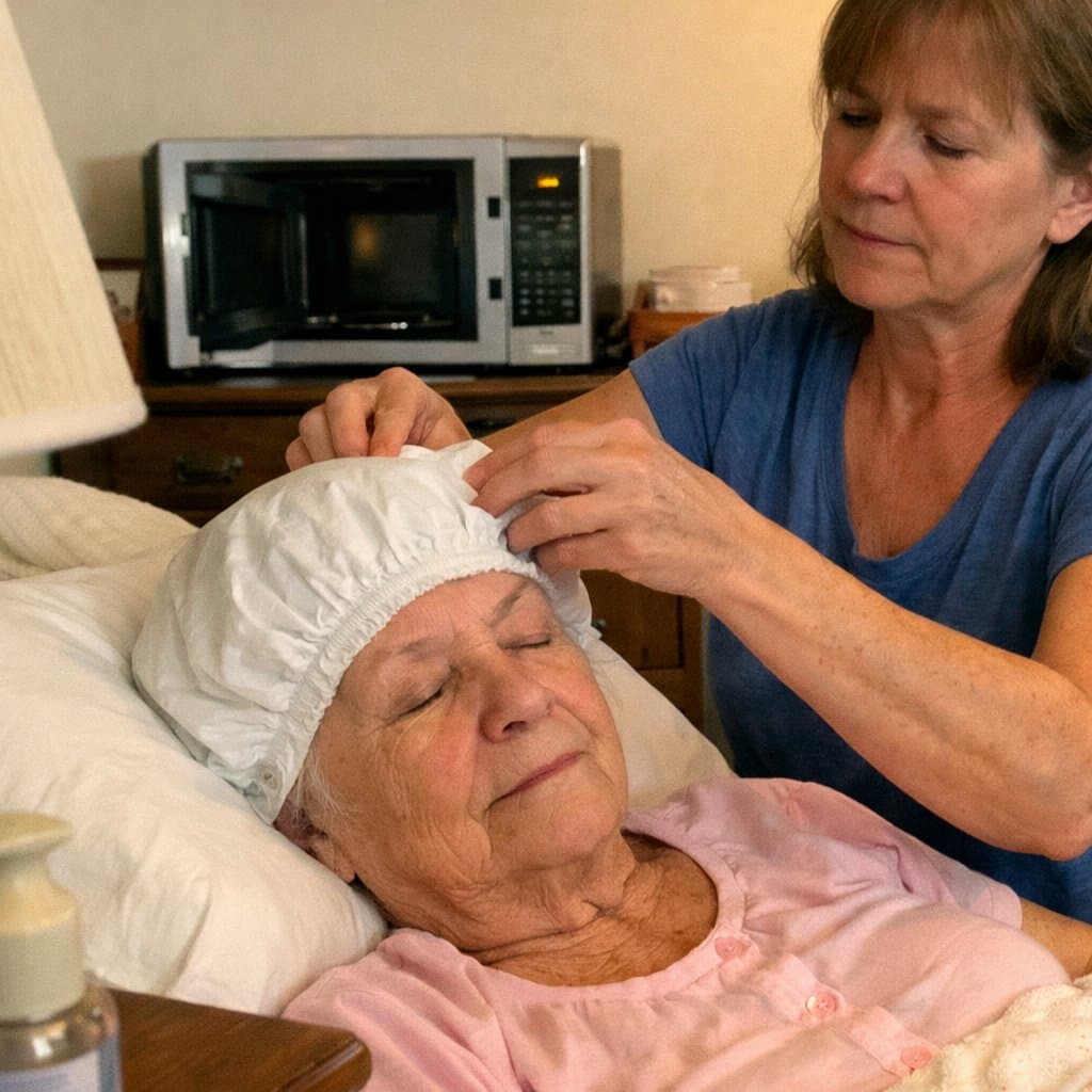 A daughter places a waterless shampoo cap over her elderly mother's head while the mother lies on a pillow with eyes closed