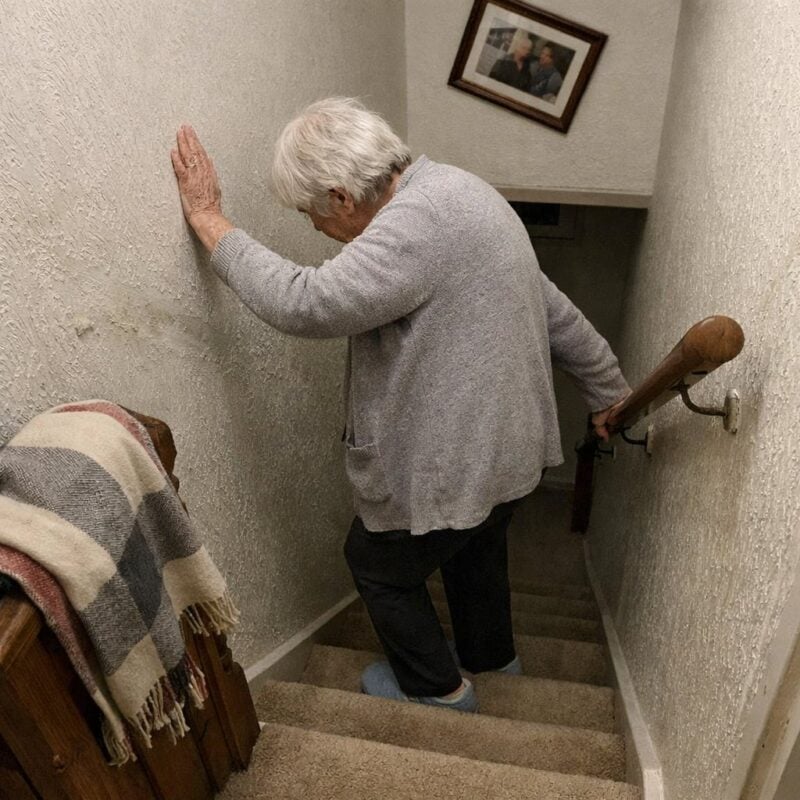 An older woman with white hair grips a handrail and presses her hand against the wall while pausing partway up a narrow home staircase