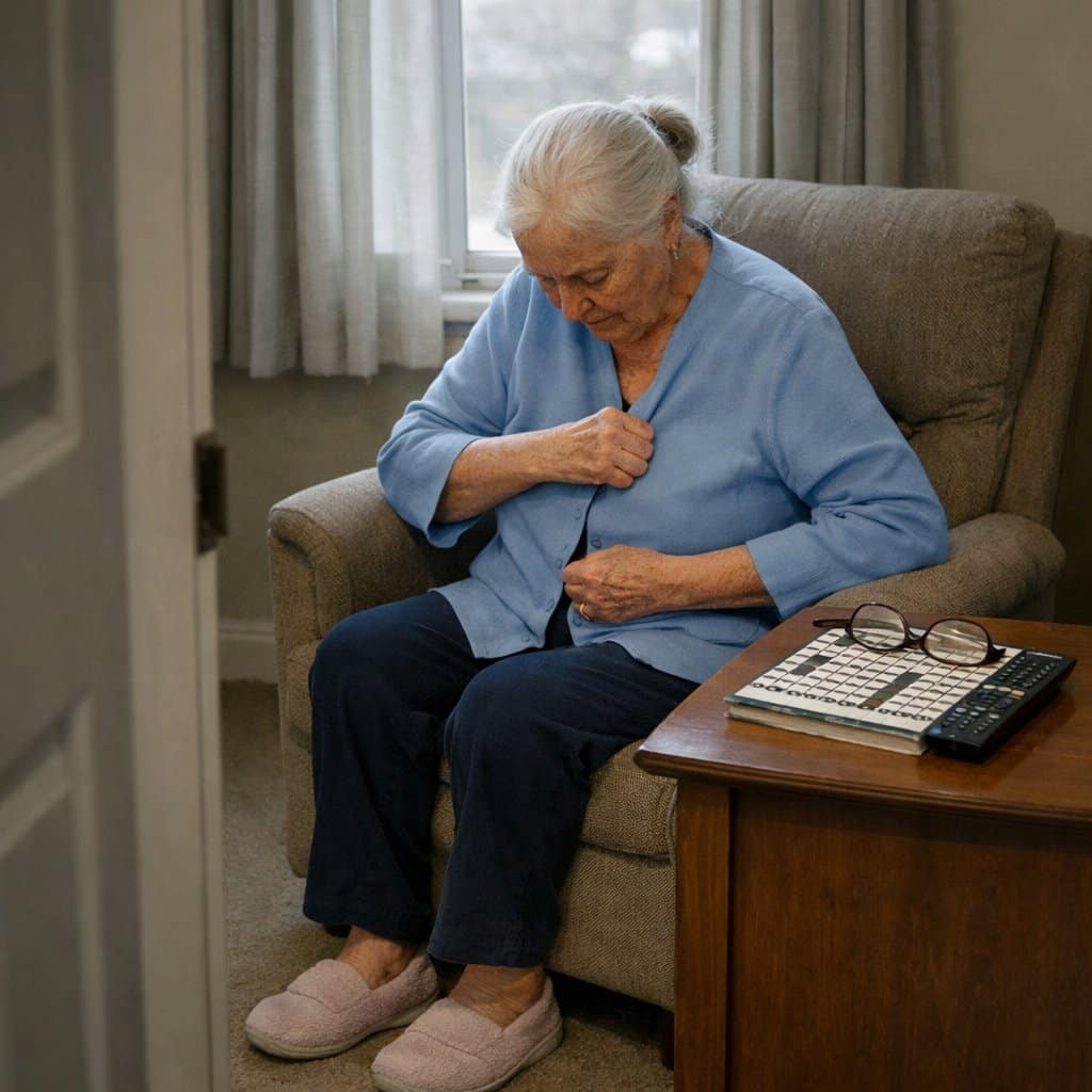 An older woman sits in an armchair pressing the front of a magnetic-closure blouse closed with her palm, looking down at the task