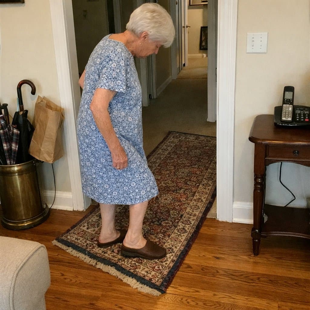 An older woman pauses mid-step at a hallway threshold, looking down at a runner rug that has shifted out of place on the floor