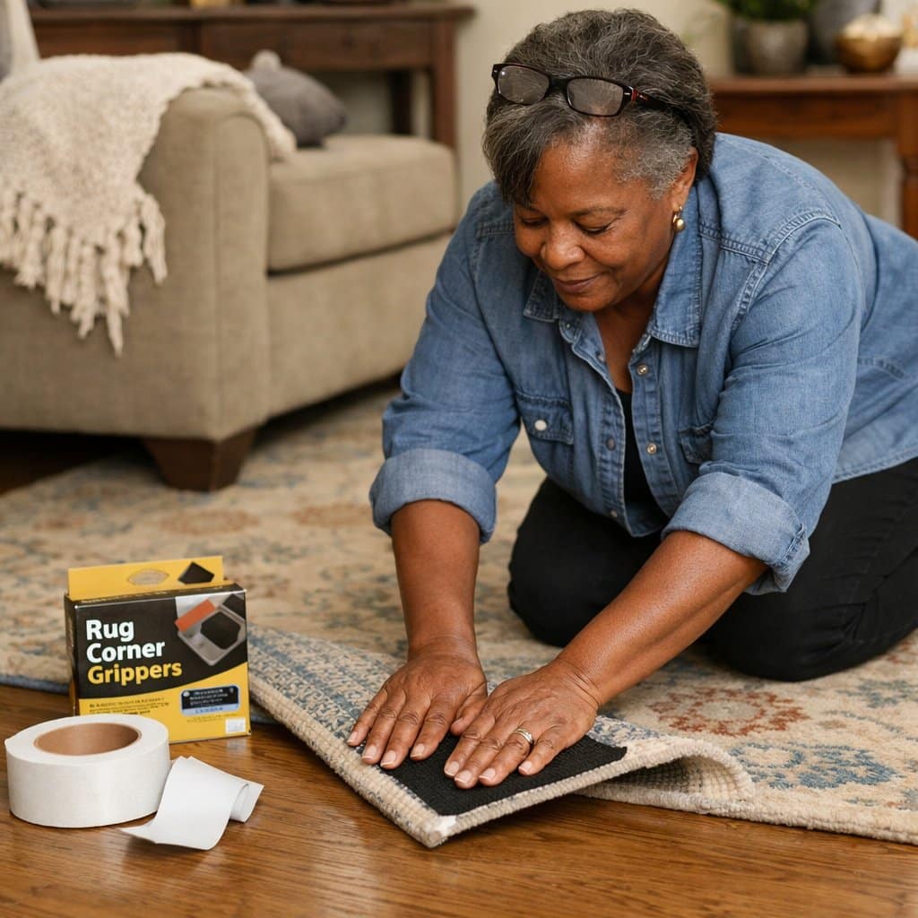 An older woman kneels on the floor pressing an adhesive gripper pad onto the underside corner of a rug, with tape and packaging nearby