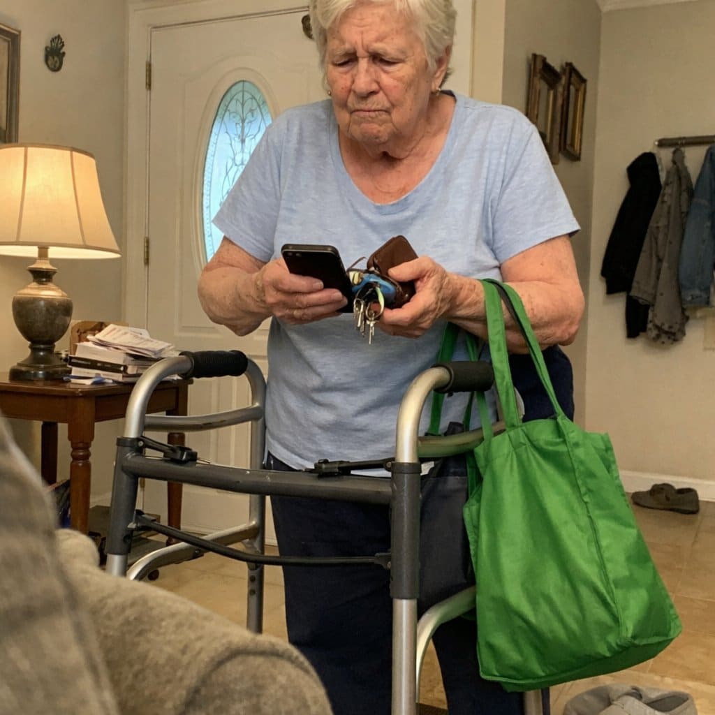 An older woman standing at a walker with a phone, glasses case, and keys in her hands and a tote bag hanging from her wrist, looking uncertain about how to manage everything while keeping hold of the walker handles