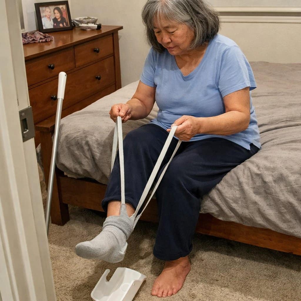An older woman sits on a bed pulling a sock up using the long handles of a sock aid, with the plastic frame on the floor at her feet