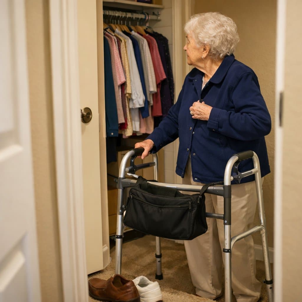 An older woman using a walker stands near her open closet putting on a jacket with magnetic closures, looking toward the closet