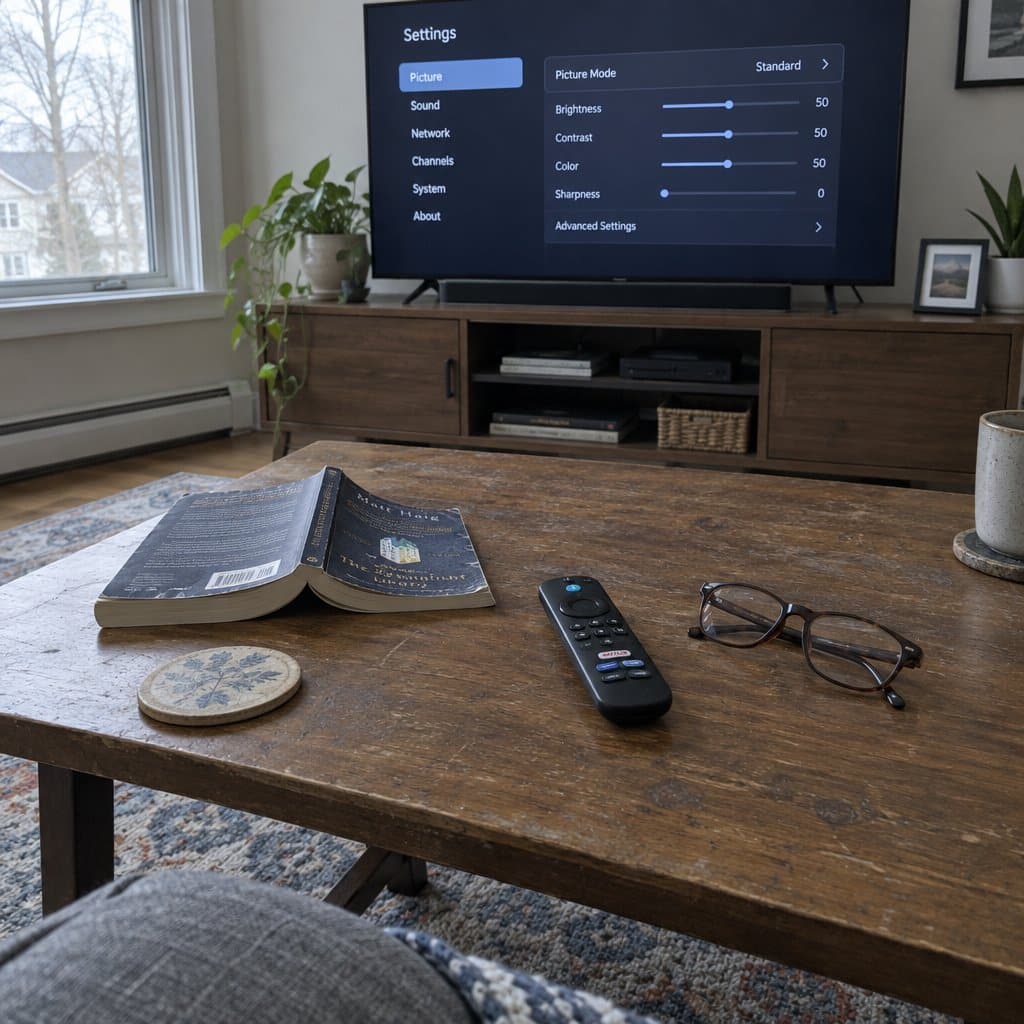 A modern TV remote lies abandoned on a coffee table beside reading glasses while a TV in the background shows a settings menu that was never cleared