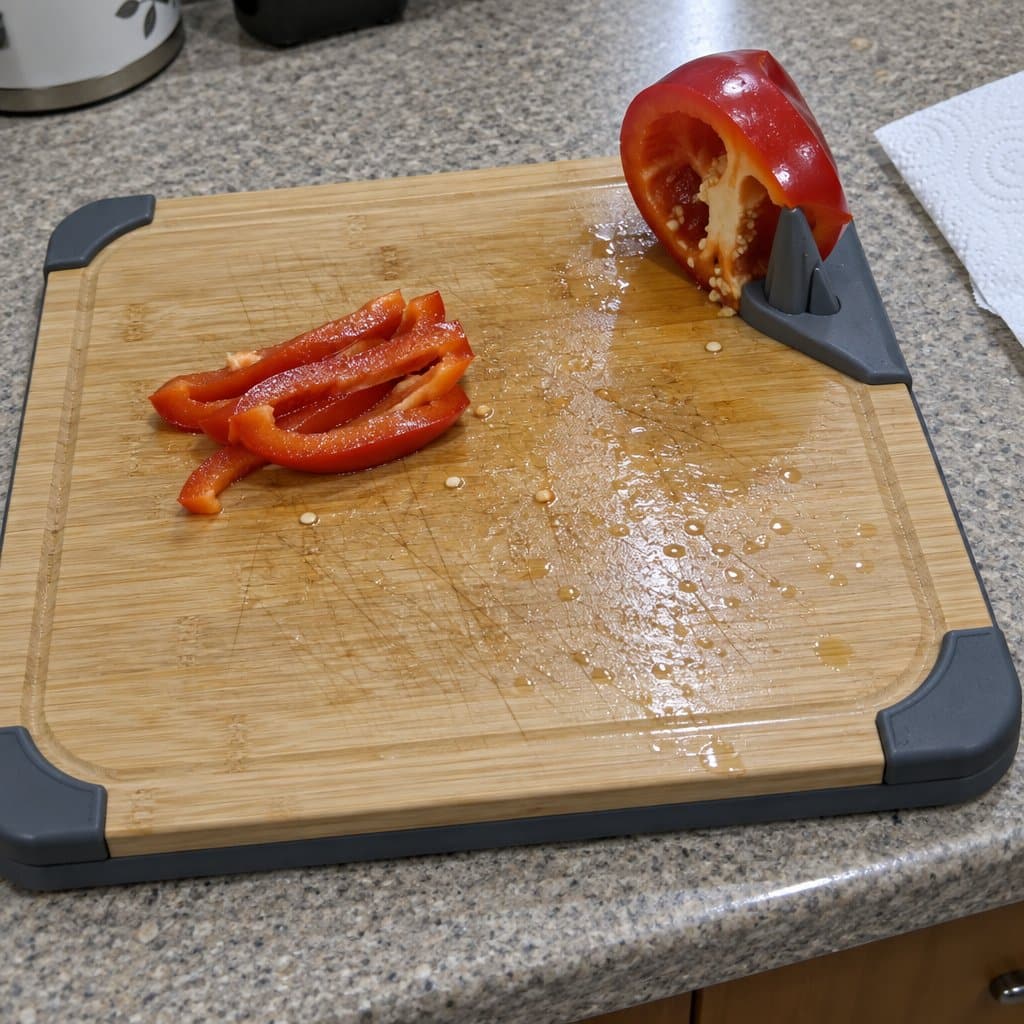 An adaptive cutting board with corner guards and a food spike holding a partially sliced bell pepper, sitting on a kitchen counter