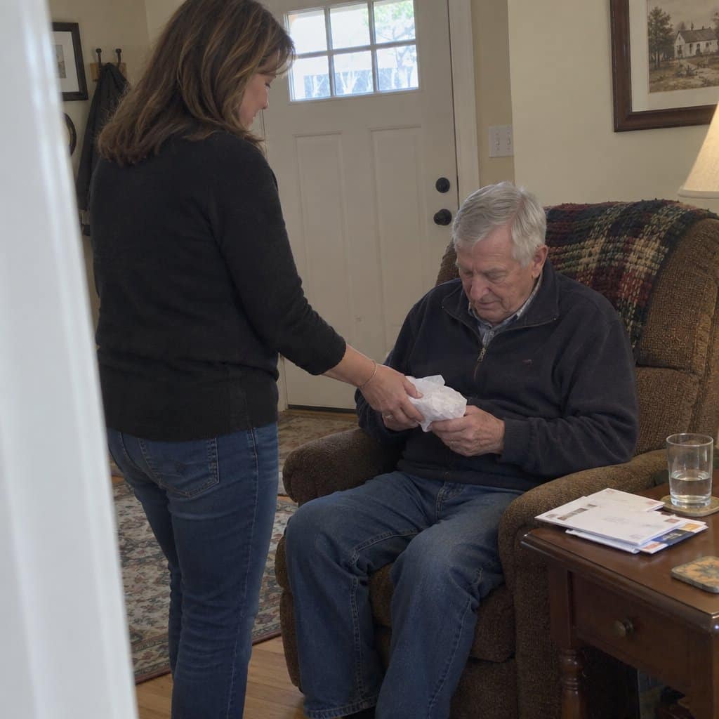 An adult woman stands next to a seated older man and hands him a small loosely wrapped item while he looks down at it