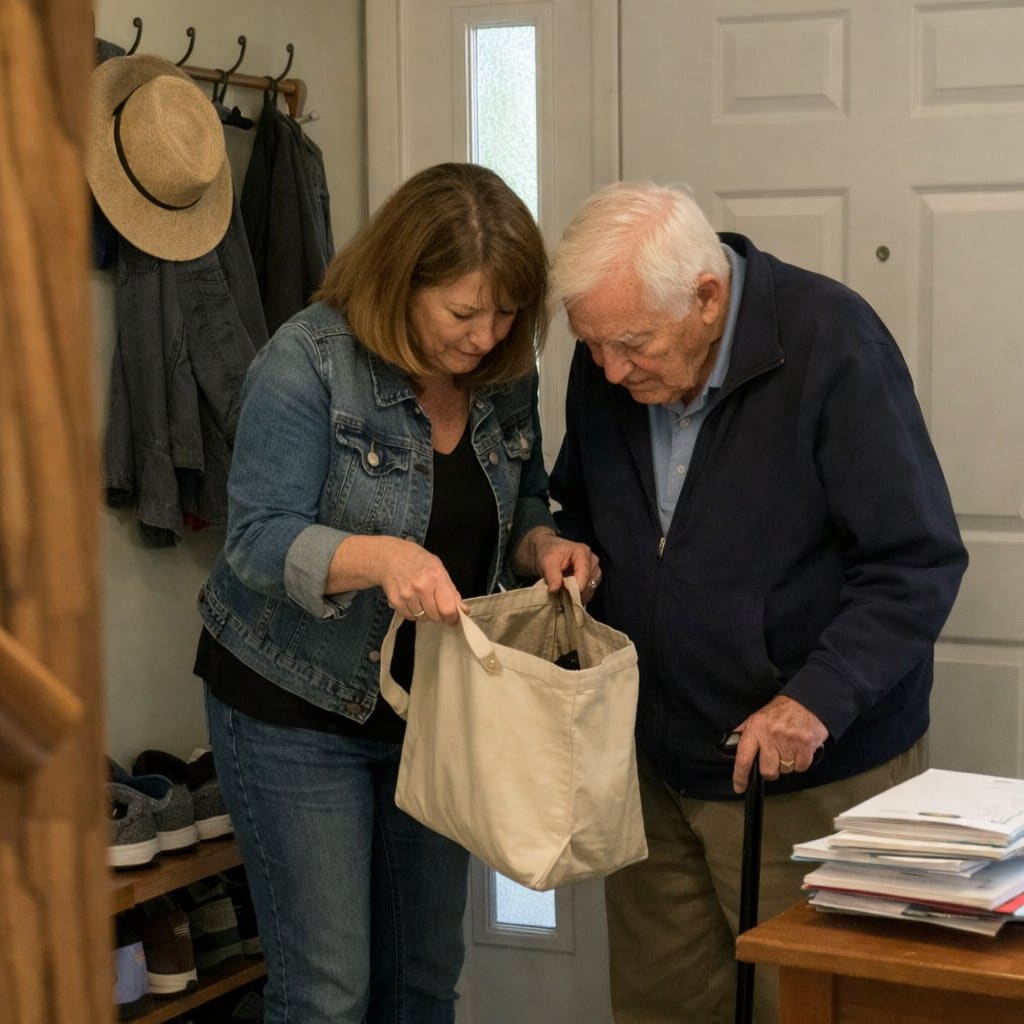 An older man with silver hair and a cane stands near a front door with a younger adult woman, both looking into an open tote bag
