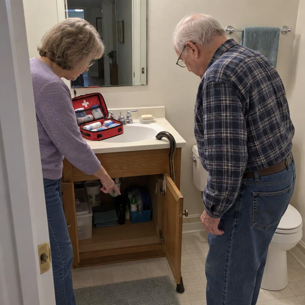 A woman points into a low bathroom cabinet while an older man with a cane looks down at it, a first-aid kit open on the counter beside them