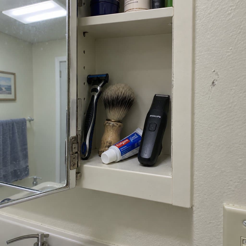 An open bathroom medicine cabinet holding a razor, shaving brush, toothpaste, and a small compact trimmer among ordinary grooming items