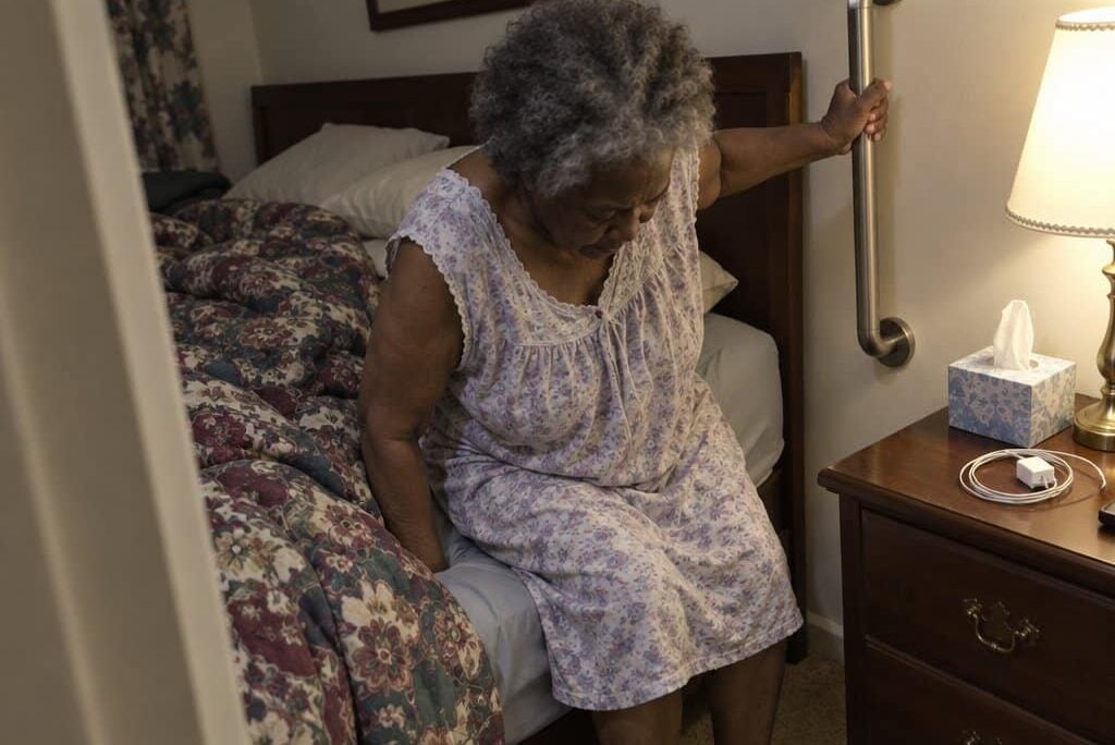An older woman gripping a vertical bedside grab bar and pushing herself to standing at the edge of a bed, looking down at her feet, with a lit nightstand lamp beside her