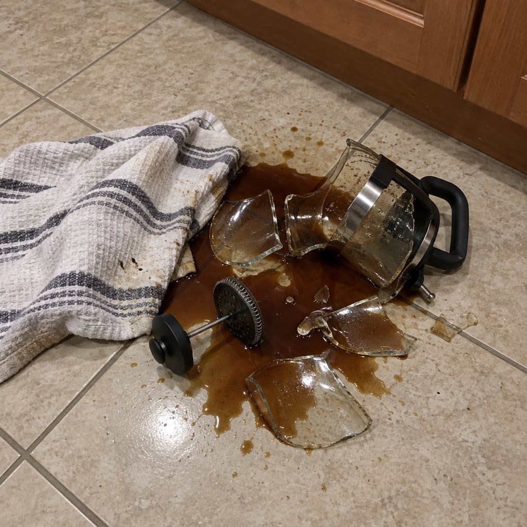 A shattered glass French press carafe broken on a kitchen tile floor with coffee spreading around the pieces and a dish towel thrown over part of the mess