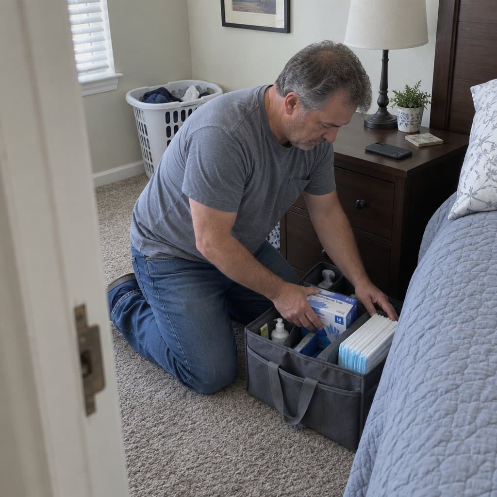 A middle-aged man kneels beside a bed, arranging gloves and bed pads into a caddy on the floor next to the nightstand