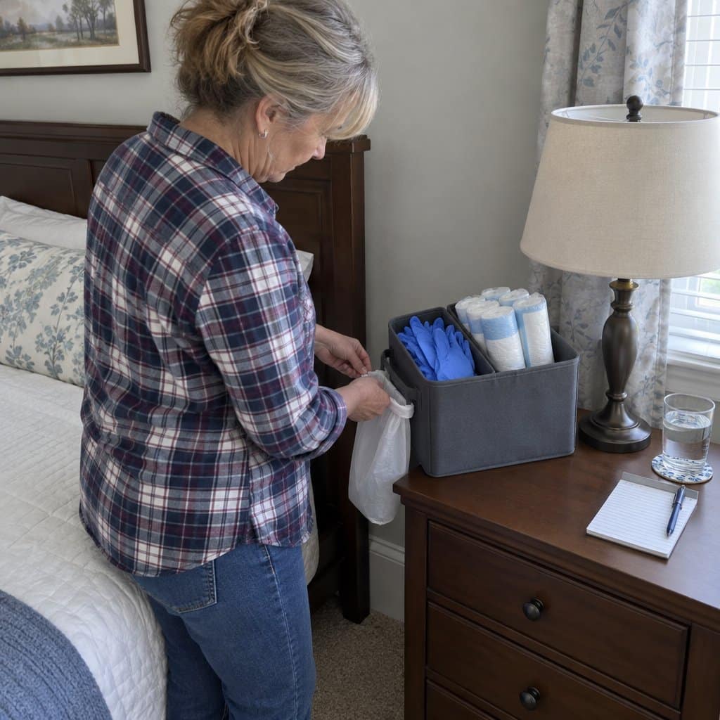 A woman in a flannel shirt stands beside a bed, clipping a trash liner to a stocked caddy on the nightstand, looking down at her work