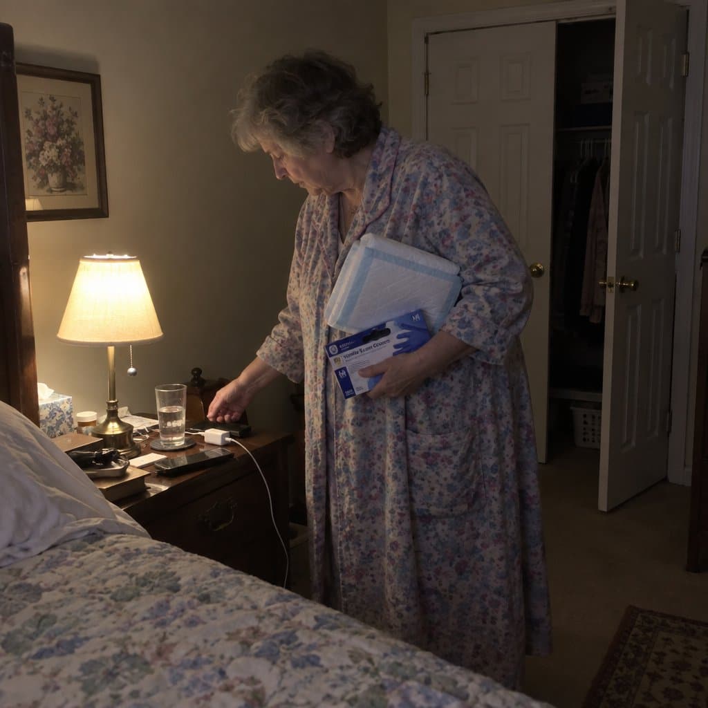 An older woman in a housecoat stands beside a bed at night, holding a disposable bed pad and a box of gloves, looking down at a cluttered nightstand