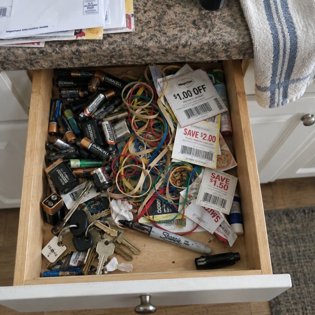An open kitchen drawer overflowing with dead batteries, rubber bands, expired coupons, and unidentified keys