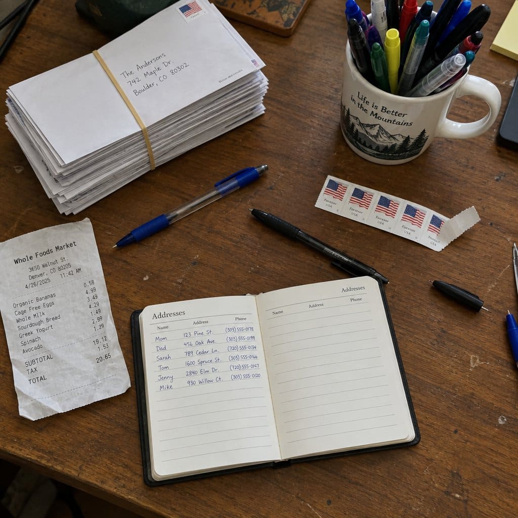 A cluttered home writing desk seen from above with loose pens, tipped envelopes, a partial stamp sheet, and an open address book spread across the surface