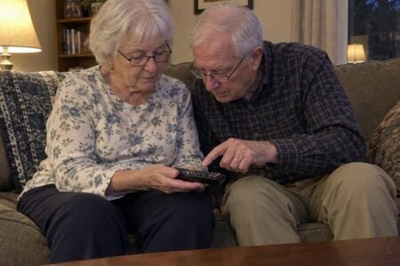 An older couple sits on a couch together looking down at a TV remote held in one hand