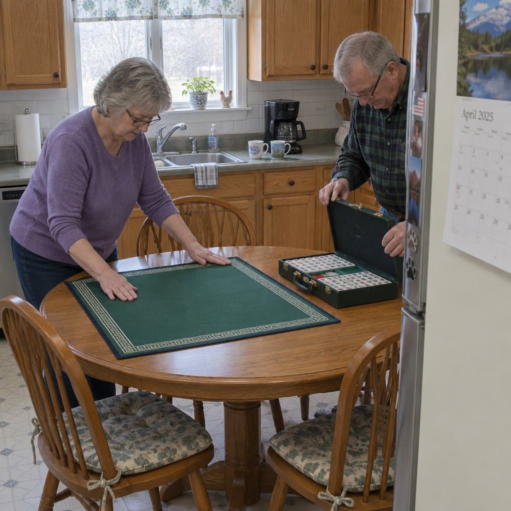 An older couple setting up for mahjong at a kitchen table, one smoothing a mat flat while the other opens a tile case