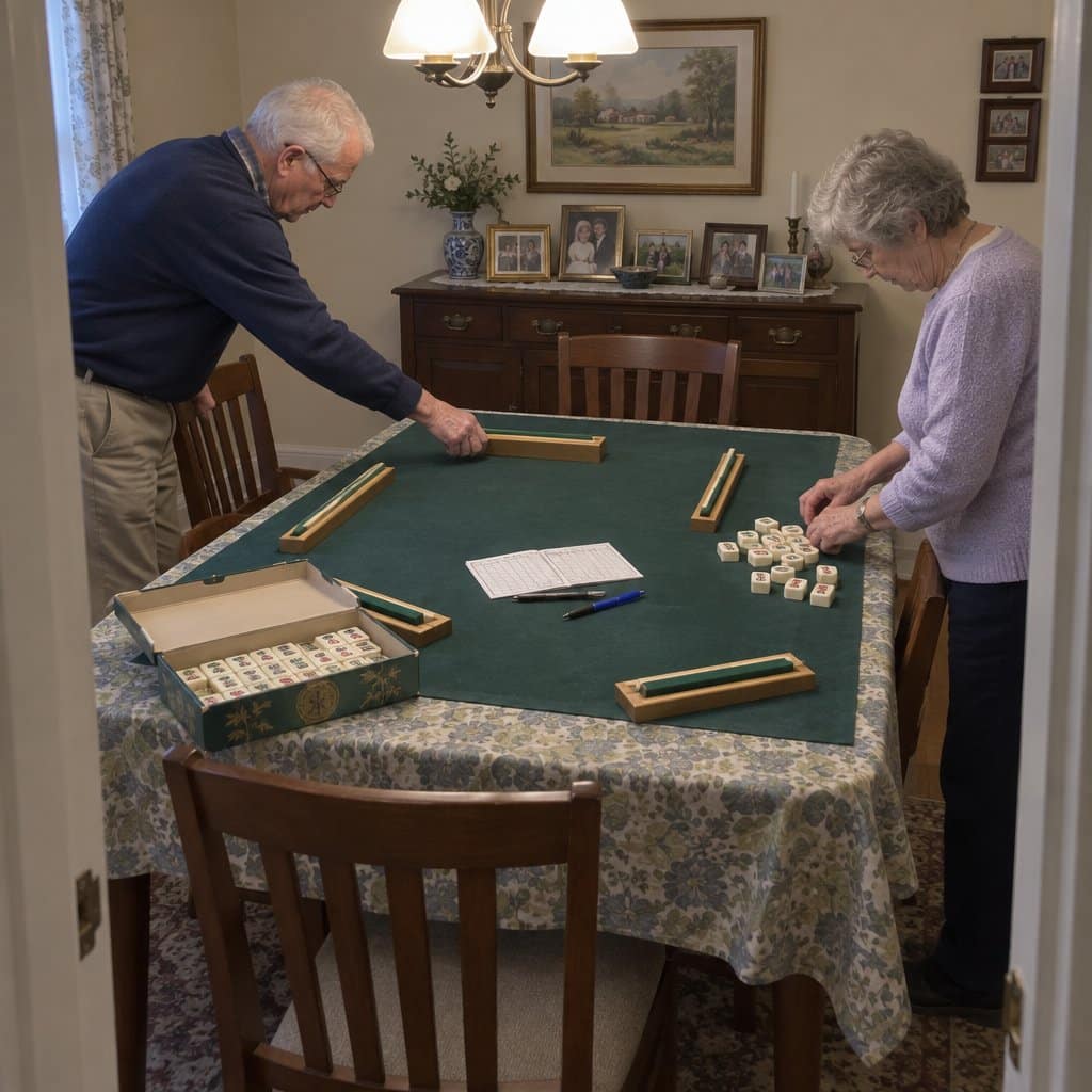 An older couple with grey hair stands on opposite sides of a dining table, placing mahjong racks and sorting tiles as they set up for a game