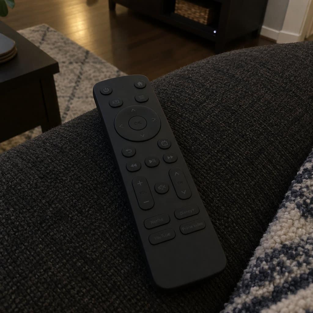 A dark grey TV remote with low-contrast button labels sits on a fabric armrest in dim indoor lighting