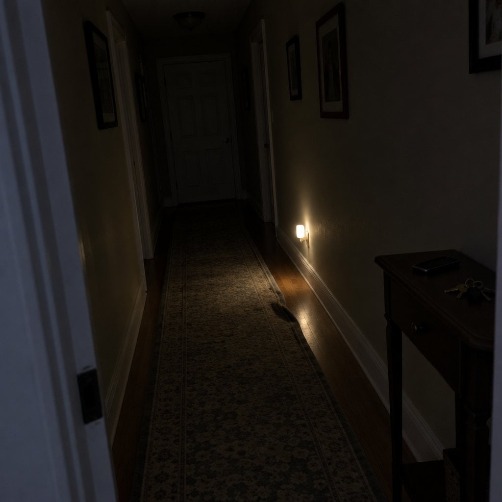 A dim nighttime hallway lit only by a single night light plugged into a baseboard outlet, with a small table holding a phone and keys along the wall