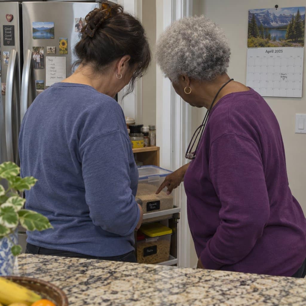 An older woman and a younger woman stand together at a kitchen counter, both looking down at a pantry bin, neither facing the camera