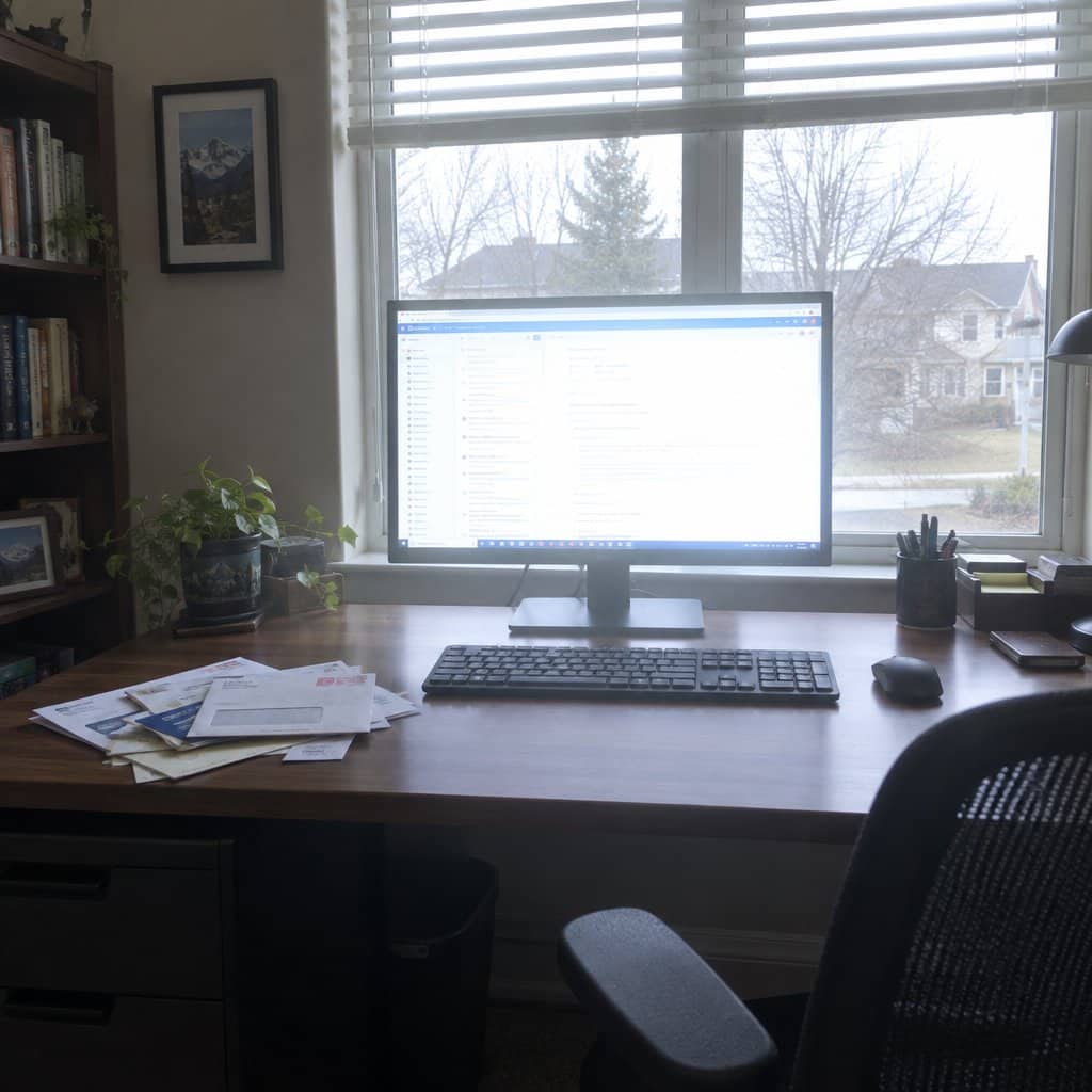 A desktop monitor with a washed-out screen sitting directly in front of an uncovered window, afternoon daylight flooding in around and behind the display